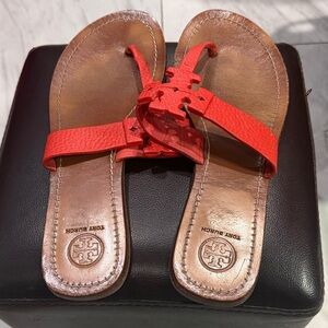 Tory Burch Coral Red Leather Logo Thong Sandals